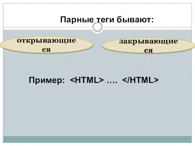 Парные теги бывают: Пример: …. открывающиеся закрывающиеся