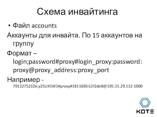 Файл accounts Аккаунты для инвайта. По 15 аккаунтов на группу Формат