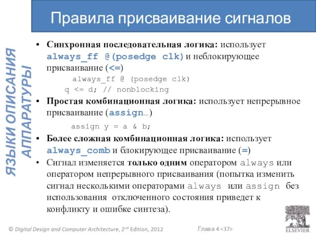 Синхронная последовательная логика: использует always_ff @(posedge clk)и неблокирующее присваивание ( always_ff