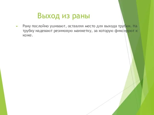 Выход из раны Рану послойно ушивают, оставляя место для выхода трубки.