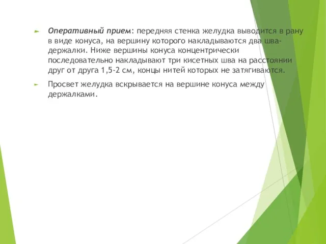 Оперативный прием: передняя стенка желудка выводится в рану в виде конуса,