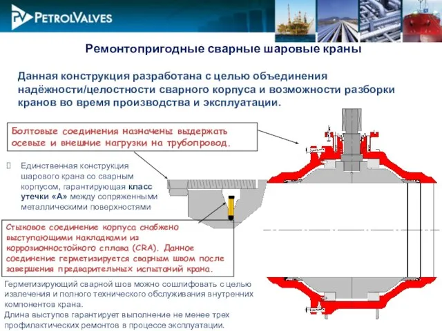 Ремонтопригодные сварные шаровые краны Данная конструкция разработана с целью объединения надёжности/целостности