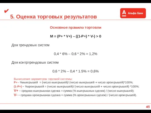 5. Оценка торговых результатов Основное правило торговли M = (P+ *