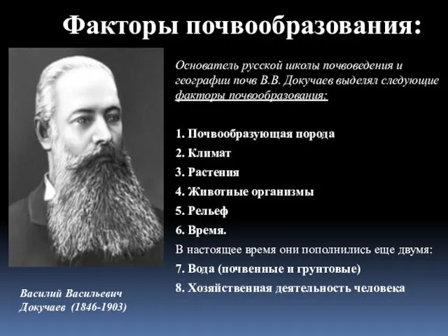 Факторы почвообразования: Основатель русской школы почвоведения и географии почв В.В. Докучаев