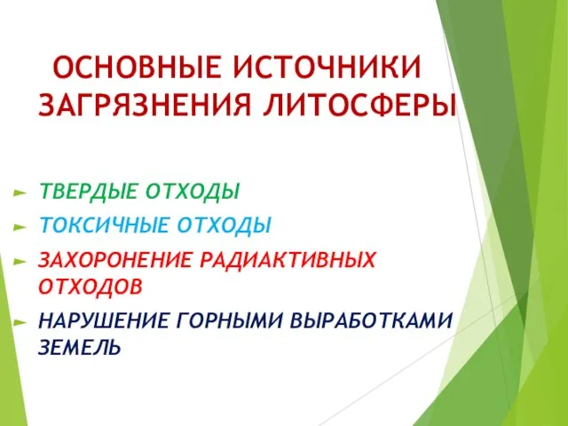 ОСНОВНЫЕ ИСТОЧНИКИ ЗАГРЯЗНЕНИЯ ЛИТОСФЕРЫ ТВЕРДЫЕ ОТХОДЫ ТОКСИЧНЫЕ ОТХОДЫ ЗАХОРОНЕНИЕ РАДИАКТИВНЫХ ОТХОДОВ НАРУШЕНИЕ ГОРНЫМИ ВЫРАБОТКАМИ ЗЕМЕЛЬ