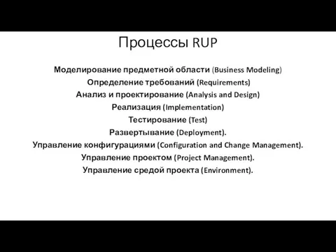 Процессы RUP Моделирование предметной области (Business Modeling) Определение требований (Requirements) Анализ