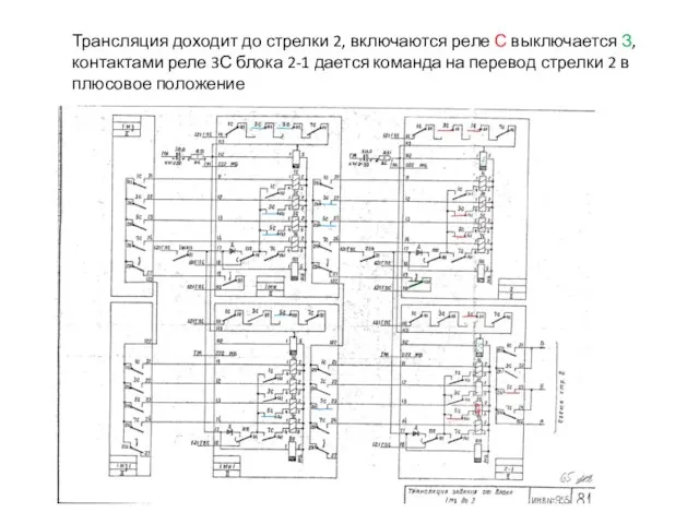 Трансляция доходит до стрелки 2, включаются реле С выключается З, контактами