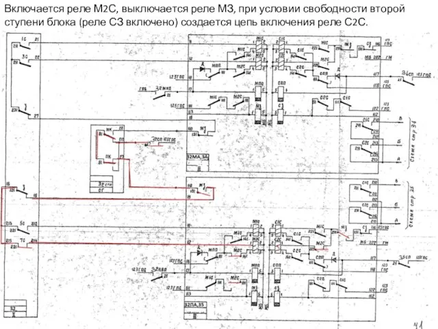 Включается реле М2С, выключается реле МЗ, при условии свободности второй ступени