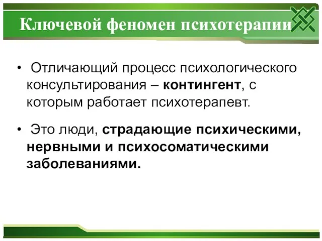 Ключевой феномен психотерапии Отличающий процесс психологического консультирования – контингент, с которым