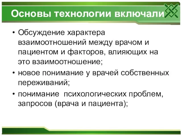 Основы технологии включали Обсуждение характера взаимоотношений между врачом и пациентом и