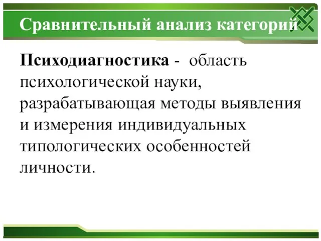 Сравнительный анализ категорий Психодиагностика - область психологической науки, разрабатывающая методы выявления