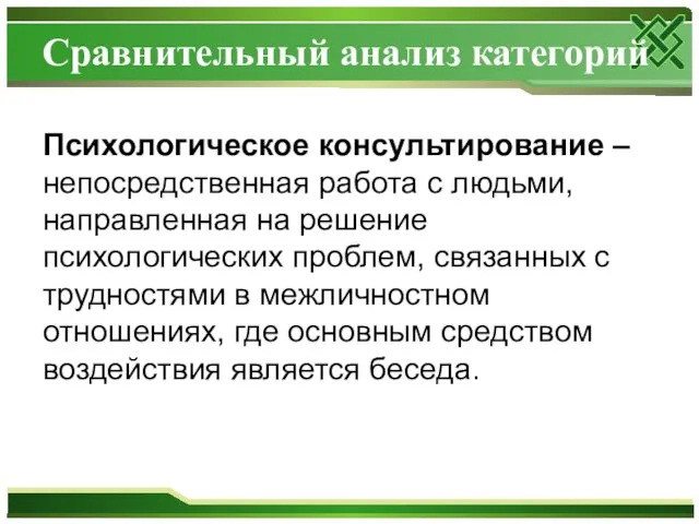 Сравнительный анализ категорий Психологическое консультирование – непосредственная работа с людьми, направленная