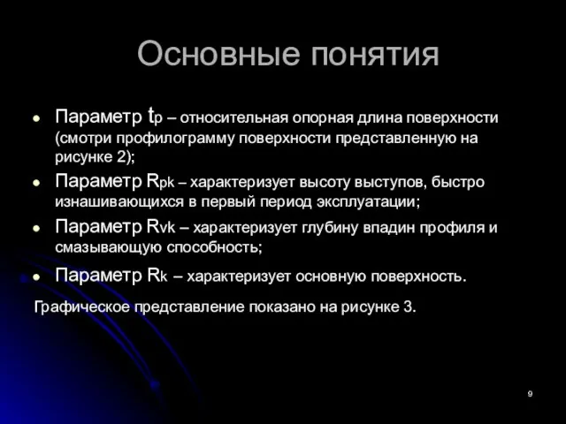 Основные понятия Параметр tp – относительная опорная длина поверхности (смотри профилограмму