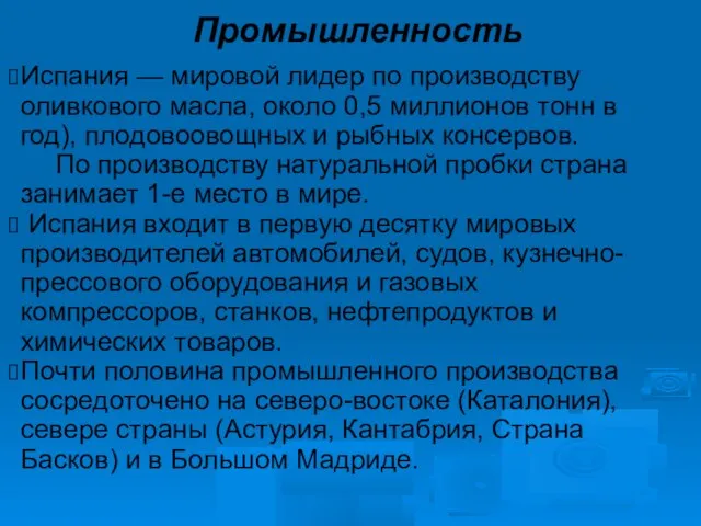 Промышленность Испания — мировой лидер по производству оливкового масла, около 0,5