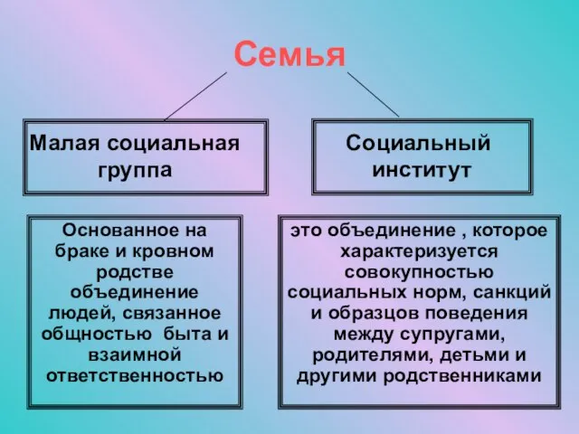 Семья Основанное на браке и кровном родстве объединение людей, связанное общностью