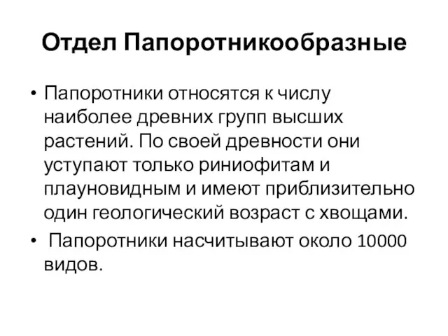 Отдел Папоротникообразные Папоротники относятся к числу наиболее древних групп высших растений.