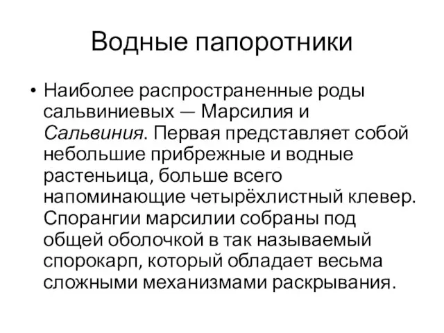 Водные папоротники Наиболее распространенные роды сальвиниевых — Марсилия и Сальвиния. Первая