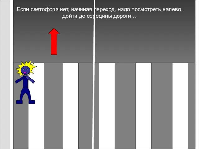 Если светофора нет, начиная переход, надо посмотреть налево, дойти до середины дороги…