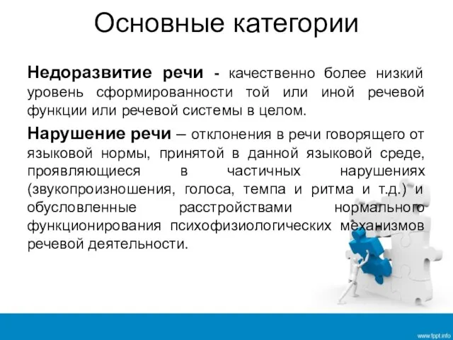 Основные категории Недоразвитие речи - качественно более низкий уровень сформированности той