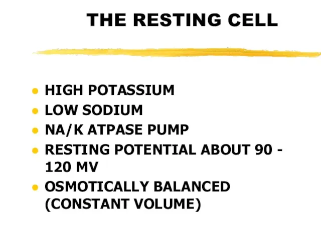 THE RESTING CELL HIGH POTASSIUM LOW SODIUM NA/K ATPASE PUMP RESTING