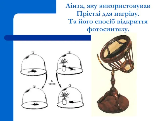 Лінза, яку використовував Прістлі для нагріву. Та його спосіб відкриття фотосинтезу.