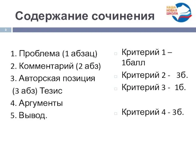 Содержание сочинения 1. Проблема (1 абзац) 2. Комментарий (2 абз) 3.