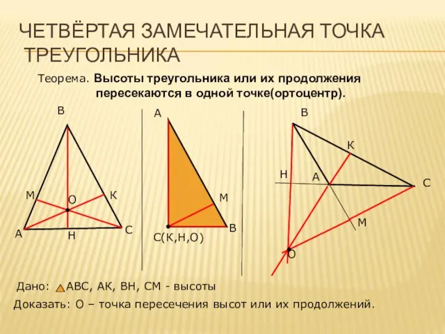 ЧЕТВЁРТАЯ ЗАМЕЧАТЕЛЬНАЯ ТОЧКА ТРЕУГОЛЬНИКА Теорема. Высоты треугольника или их продолжения пересекаются в одной точке(ортоцентр).