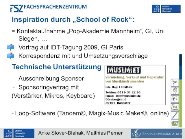 Inspiration durch „School of Rock“: = Kontaktaufnahme „Pop-Akademie Mannheim“, GI, Uni