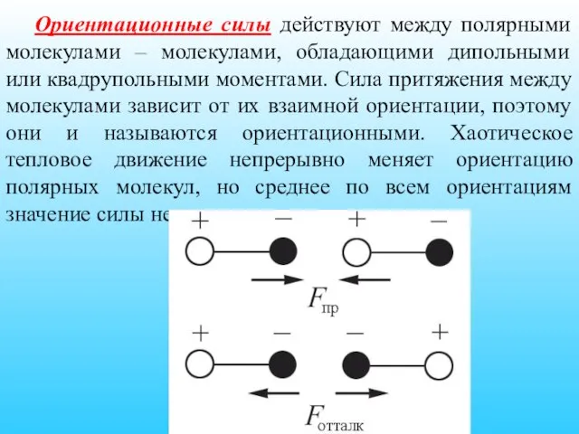 Ориентационные силы действуют между полярными молекулами – молекулами, обладающими дипольными или