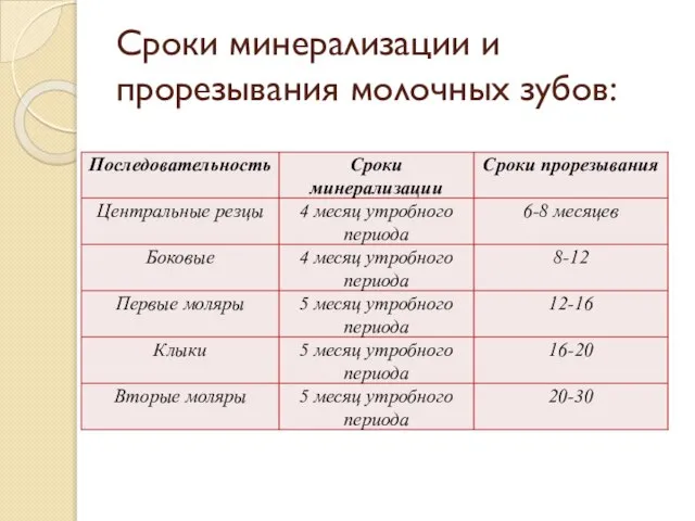 Сроки минерализации и прорезывания молочных зубов: