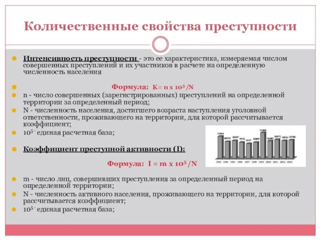 Количественные свойства преступности Интенсивность преступности - это ее характеристика, измеряемая числом