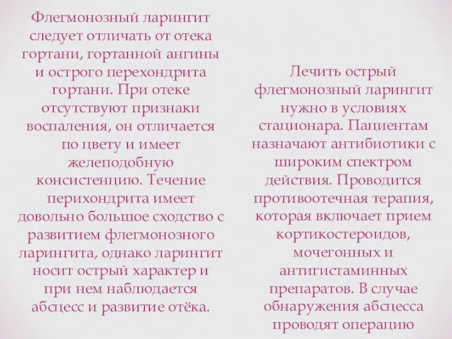 Флегмонозный ларингит следует отличать от отека гортани, гортанной ангины и острого