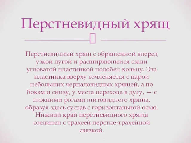 Перстневидный хрящ Перстневидный хрящ с обращенной вперед узкой дугой и расширяющейся