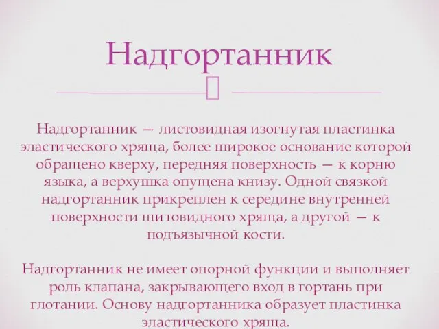 Надгортанник Надгортанник — листовидная изогнутая пластинка эластического хряща, более широкое основание