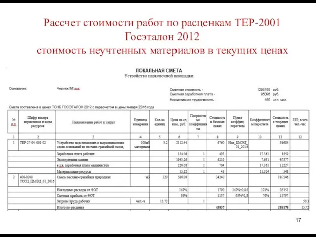 Рассчет стоимости работ по расценкам ТЕР-2001 Госэталон 2012 стоимость неучтенных материалов в текущих ценах