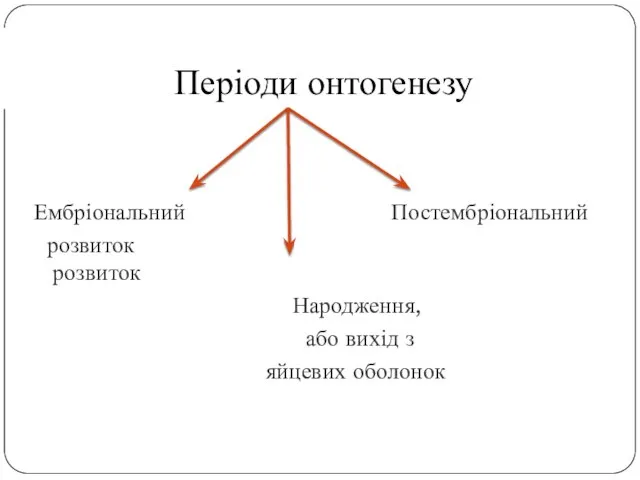 Ембріональний Постембріональний розвиток розвиток Народження, або вихід з яйцевих оболонок Періоди онтогенезу