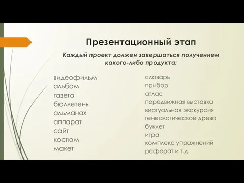 Презентационный этап видеофильм альбом газета бюллетень альманах аппарат сайт костюм макет