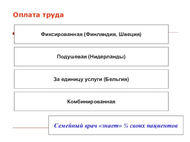 Оплата труда Фиксированная (Финляндия, Швеция) Подушевая (Нидерланды) За единицу услуги (Бельгия)