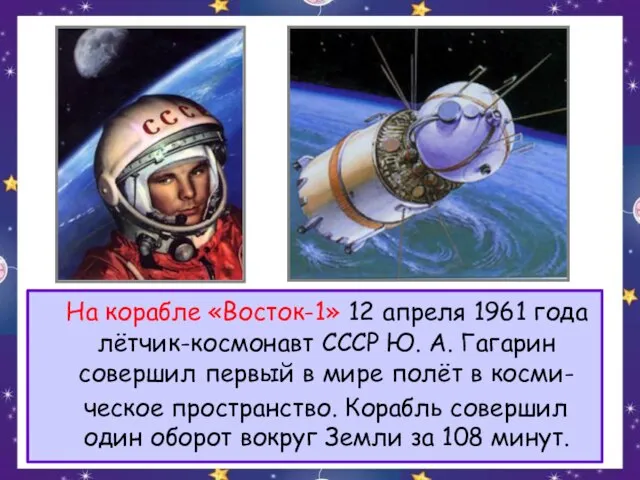 На корабле «Восток-1» 12 апреля 1961 года лётчик-космонавт СССР Ю. А.