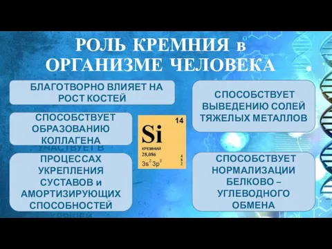 РОЛЬ КРЕМНИЯ в ОРГАНИЗМЕ ЧЕЛОВЕКА БЛАГОТВОРНО ВЛИЯЕТ НА РОСТ КОСТЕЙ СПОСОБСТВУЕТ