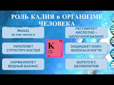 РОЛЬ КАЛИЯ в ОРГАНИЗМЕ ЧЕЛОВЕКА УЛУЧШАЕТ РАБОТУ МЫШЦ (в том числе