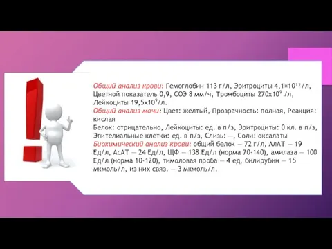 Общий анализ крови: Гемоглобин 113 г/л, Эритроциты 4,1×10¹²/л, Цветной показатель 0,9,