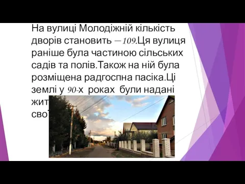 На вулиці Молодіжній кількість дворів становить —109.Ця вулиця раніше була частиною