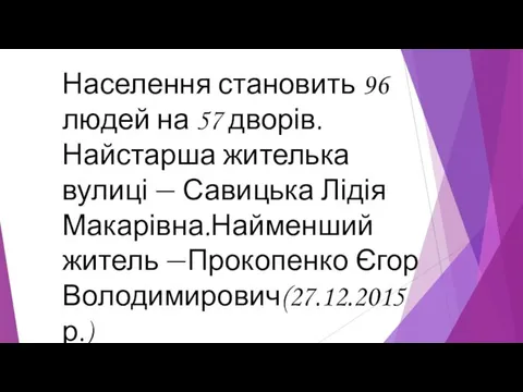 Населення становить 96 людей на 57 дворів.Найстарша жителька вулиці — Савицька