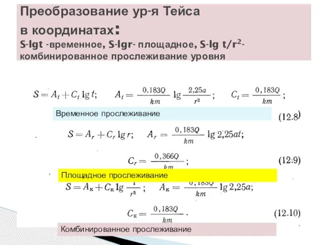 Преобразование ур-я Тейса в координатах: S-lgt -временное, S-lgr- площадное, S-lg t/r2-