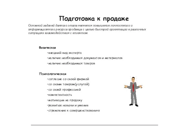 Подготовка к продаже Основной задачей данного этапа является повышение личностного и