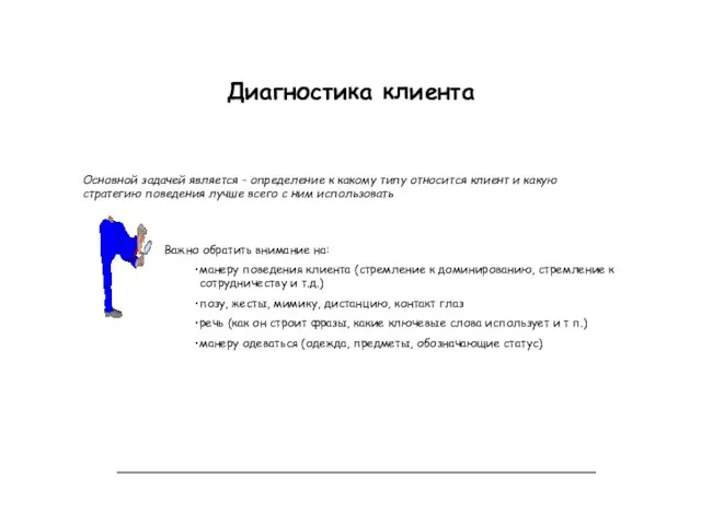 Диагностика клиента Важно обратить внимание на: манеру поведения клиента (стремление к