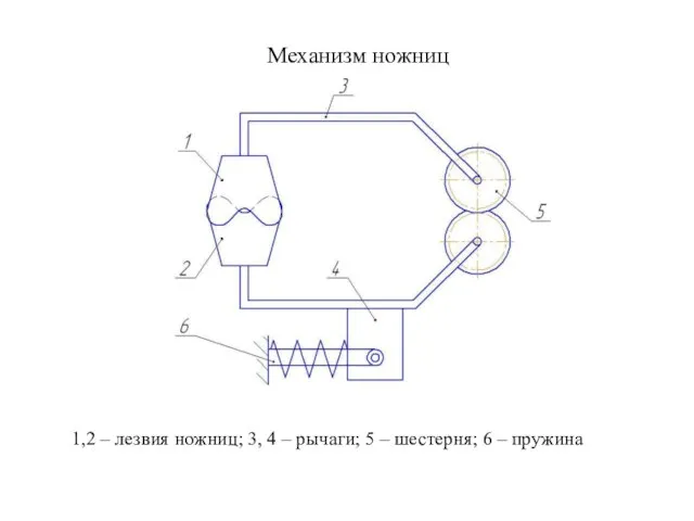 Механизм ножниц 1,2 – лезвия ножниц; 3, 4 – рычаги; 5 – шестерня; 6 – пружина