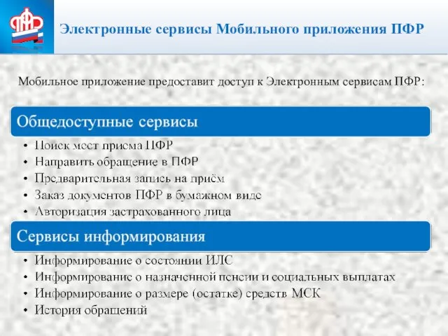 Электронные сервисы Мобильного приложения ПФР Мобильное приложение предоставит доступ к Электронным сервисам ПФР: