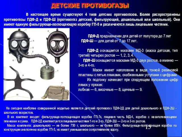 ДЕТСКИЕ ПРОТИВОГАЗЫ В настоящее время существуют 4 типа детских противогазов. Более